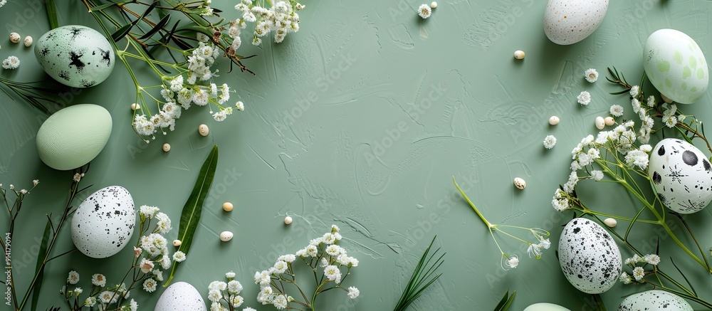 Aufkleber A festive Easter table arrangement with eggs and flowers displayed on a green surface in a top down view allowing for text in the empty area of the image. Creative banner. Copyspace image