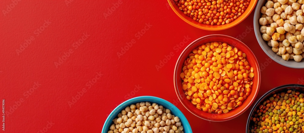 Poster a high quality photo of round bowls filled with legumes like chickpeas lentils and peas on a red bac