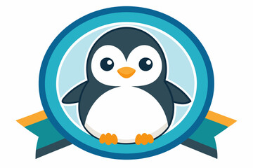 Fototapeta premium Cartoon Penguin in a Blue Circle with a Ribbon