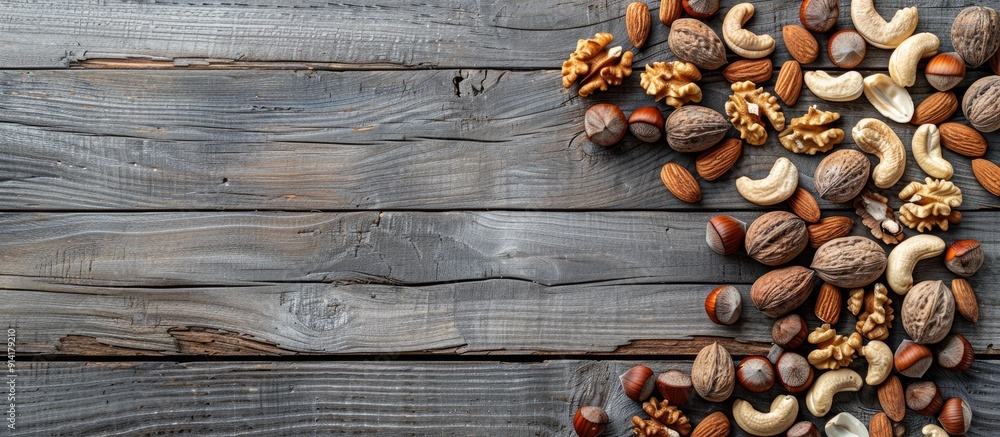 Poster Various types of nuts like cashews hazelnuts walnuts and almonds arranged on a gray wooden surface captured from above with a space for text or images. Creative banner. Copyspace image