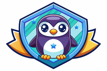 Naklejka premium Cute Cartoon Penguin Inside a Blue Shield with Stars