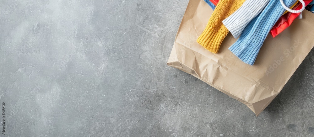Aufkleber Flatlay of a paper bag containing clothes on a grey background with top view perspective ideal for shopping concepts showcasing copy space image