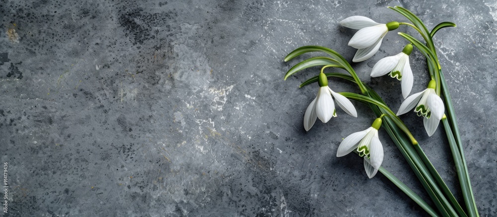 Poster snowdrop bouquet on a gray stone background with a copy space image for messages perfect for valenti