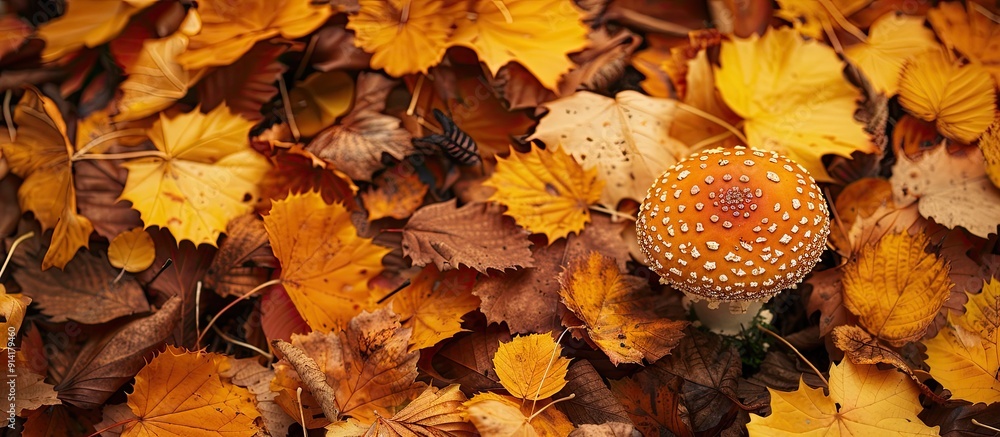 Aufkleber fall leaves encircle a mushroom on the ground creating a picturesque scene with copy space image