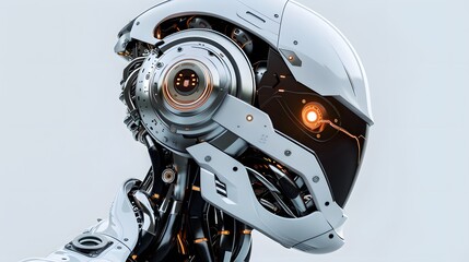 Fototapeta premium Futuristic Robot Head with Glowing Eyes and Metallic Details - Science Fiction, Artificial Intelligence, Cyborg, Technology, Machine Learning, Automation, Innovation, AI, 3D Render, White Background