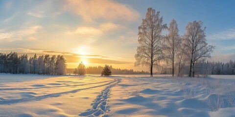 A snowy field with a sun setting in the background. The sky is a mix of blue and orange