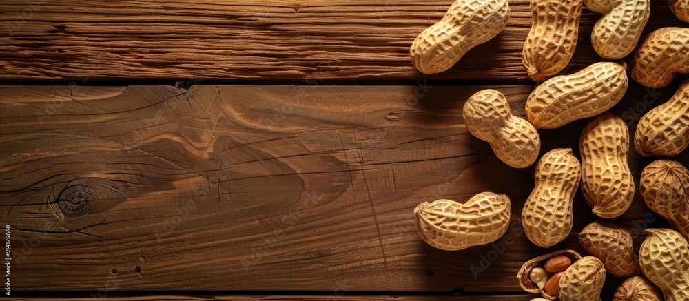 Aufkleber Top view of peanuts in shells on a wooden backdrop with space for adding text or images a perfect copy space image