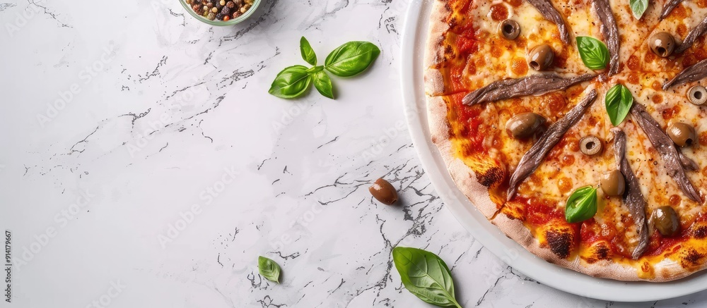 Sticker top view of a flavorful pizza with anchovies basil and olives on a white tabletop providing space fo