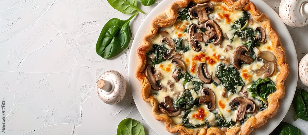 Aufkleber Pie with mushrooms spinach and cheese displayed on a white background with copy space image