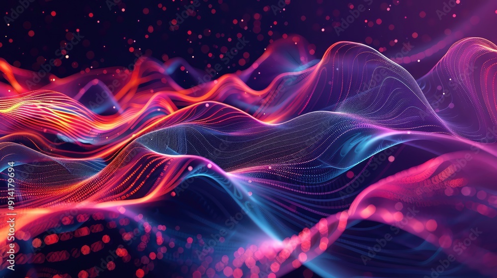 Poster a vibrant abstract wave pattern with luminous colors, ideal for backgrounds and digital art projects