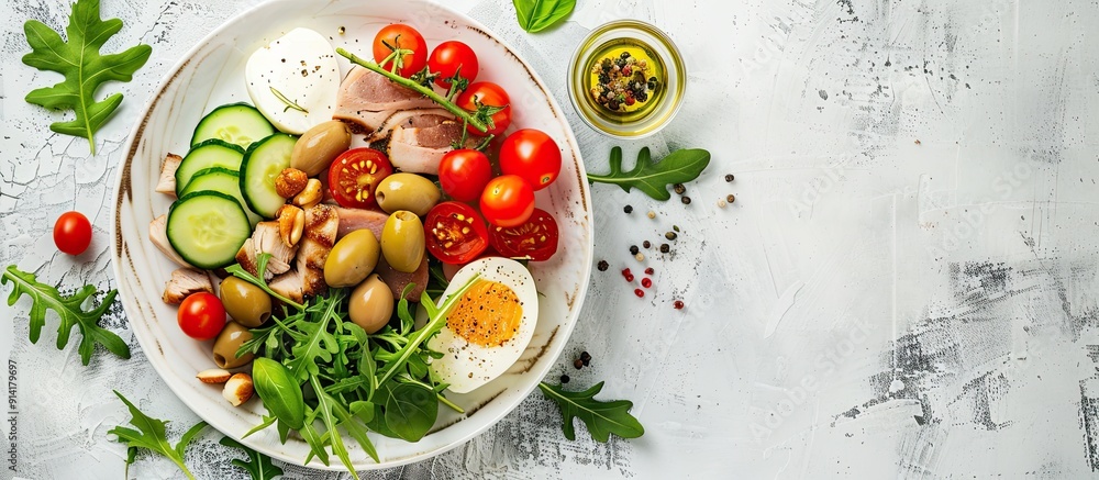 Poster keto dinner plate with boiled pork avocado guacamole tomatoes cucumbers mozzarella olives and arugul