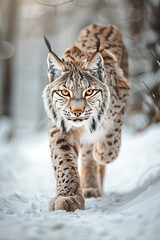 Fototapeta premium Lynx walking through snow with intense stare.