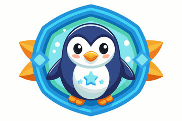 Cute Cartoon Penguin with Stars in a Blue Hexagon
