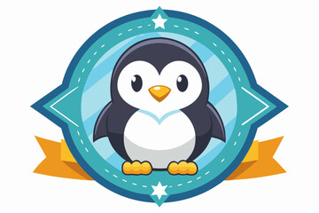 Fototapeta premium Cartoon Penguin in a Colorful Circular Badge with Stars and Ribbon