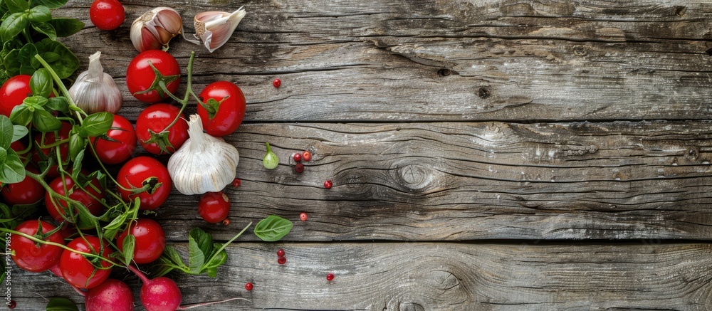 Aufkleber Copy space image featuring a rustic wooden background adorned with an array of veggies like garlic tomatoes and radish