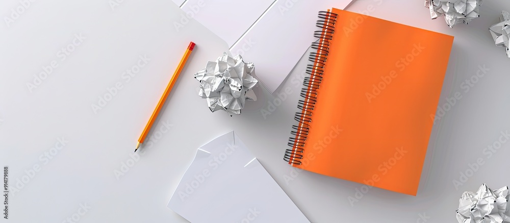 Poster A striped notebook with orange pages a sharp pencil and crumpled papers beside it on a white backdrop providing a space for text in the image. Creative banner. Copyspace image