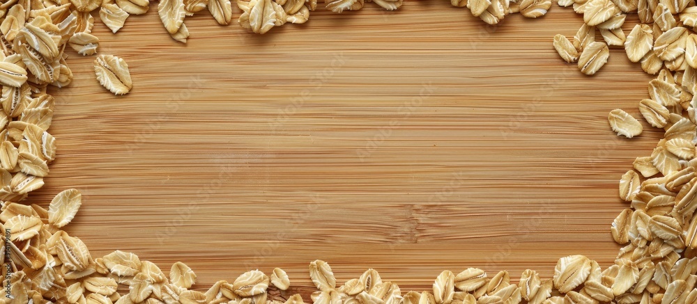 Poster top down view of raw oat flakes arranged on a wooden surface with ample copy space image available