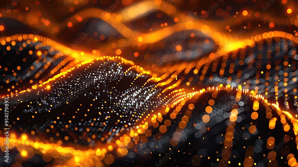 Poster a mesmerizing wave pattern in vibrant orange tones, illuminated by shimmering lights that create a d