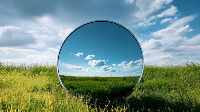Mirror reflecting cloudy sky on grassy field, conceptual illusion