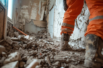A man in an orange jumpsuit is working on a construction site doing demolition work.