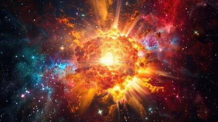 Fototapeta premium A vibrant cosmic explosion showcasing vivid colors and dynamic energy in the universe, a stunning representation of celestial beauty.