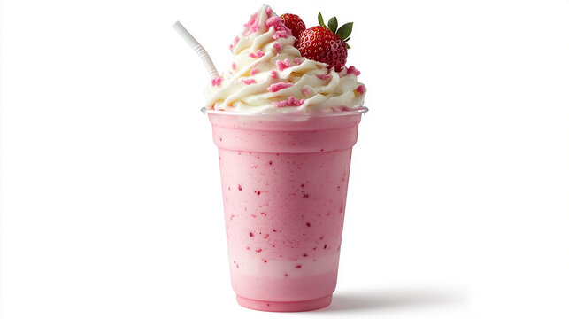 strawberry milkshake with ice cream on isolated white background