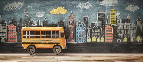 Drawing a school bus and landmark on a blackboard with plenty of copy space image