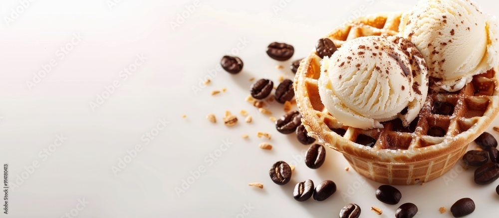 Poster waffle cup filled with vanilla and coffee ice cream with a blank space for an image. creative banner