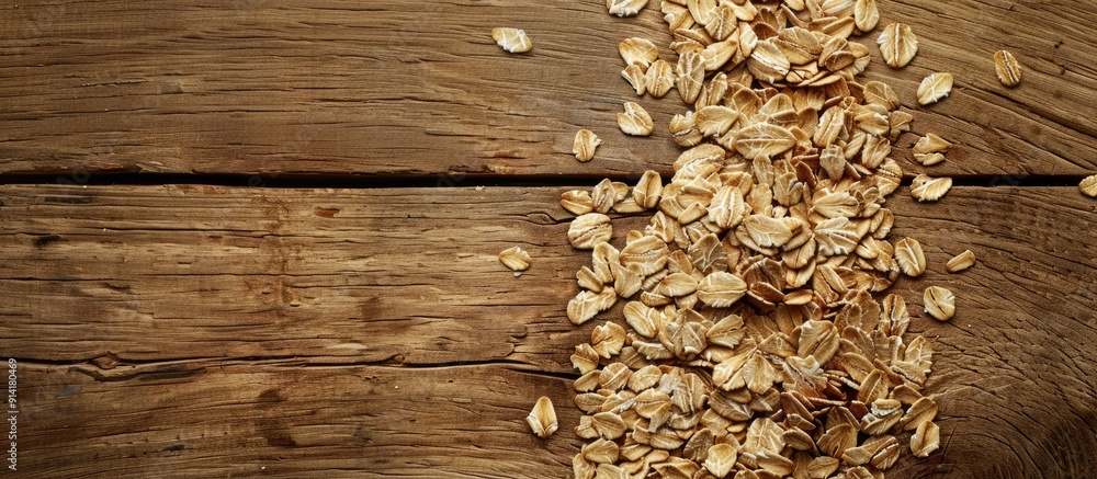 Poster Top down view of raw oat flakes arranged on a wooden surface with ample copy space image available