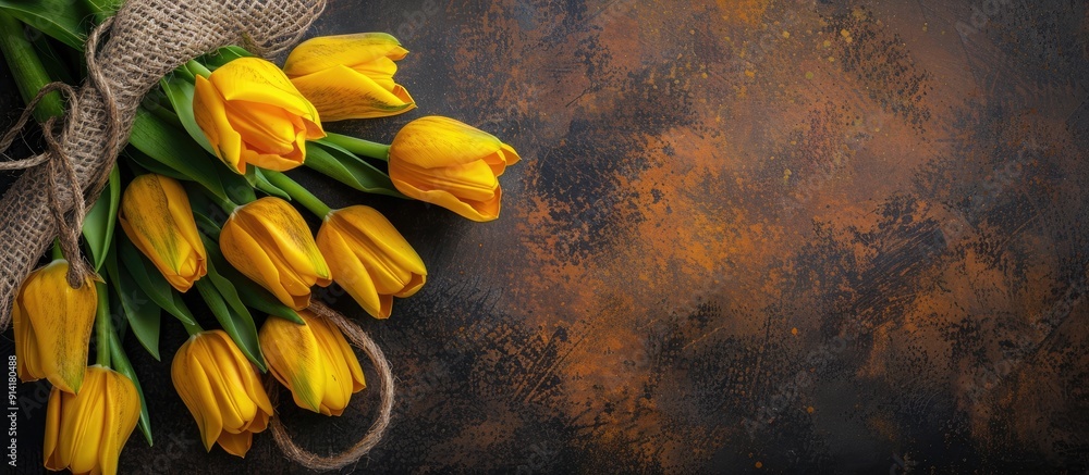 Sticker yellow tulips arranged on a rustic brown backdrop with copy space image