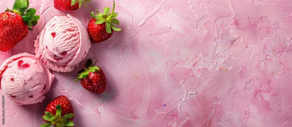 Aufkleber Top view of strawberry ice cream with a textured background perfect for design with copy space image