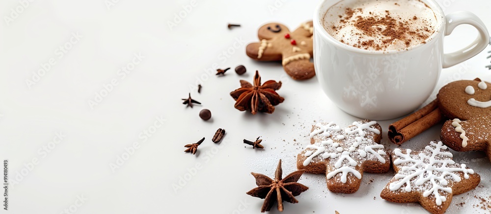 Poster A festive holiday theme with a cup of cocoa and gingerbread cookies on a white background highlighting Christmas cheer Perfect for a card design with ample copy space image
