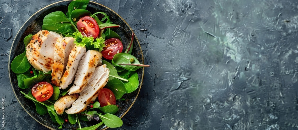 Aufkleber top view of a fresh salad with chicken breast perfect for a copy space image