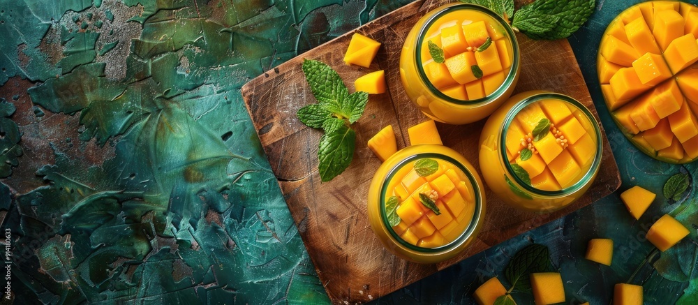 Poster top view of two mango smoothies with diced mango on a chopping board with copy space image