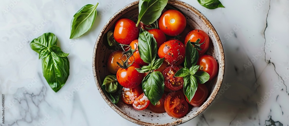 Poster An overhead view of a bowl filled with organic tomatoes leaves and Basil creating a picturesque copy space image