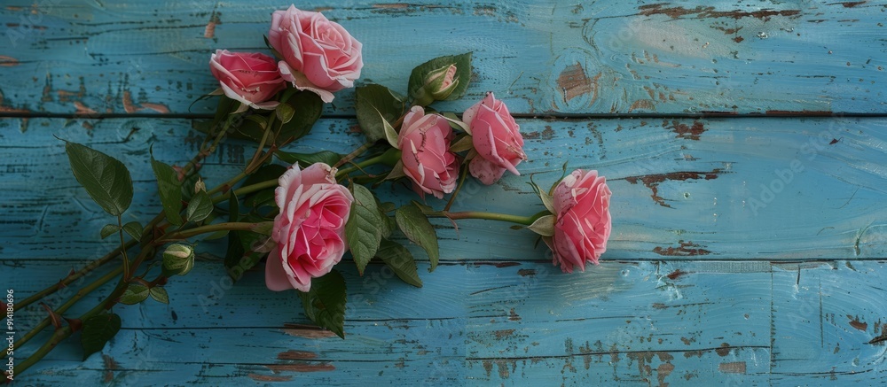 Poster Vintage style copy space image of roses on a blue wooden surface for adding text
