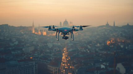 Naklejka premium A drone is flying over a city at dusk