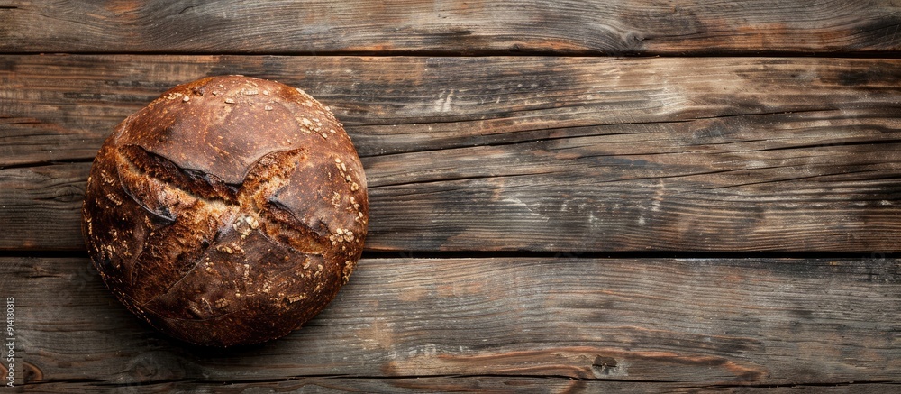 Aufkleber top view of a homemade buckwheat bread loaf on a wooden surface with a blank area for text or images