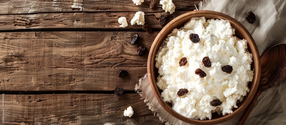 Leinwandbilder a rustic wooden background serves as the setting for a bowl of cottage cheese accompanied by sour cr