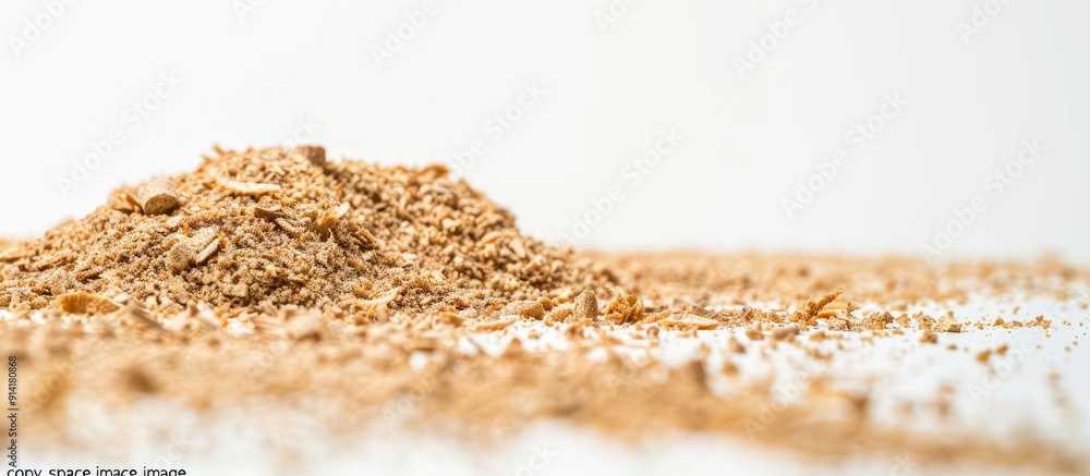 Poster Sawdust from wood on a white backdrop with empty space for text or images commonly known as a copy space image