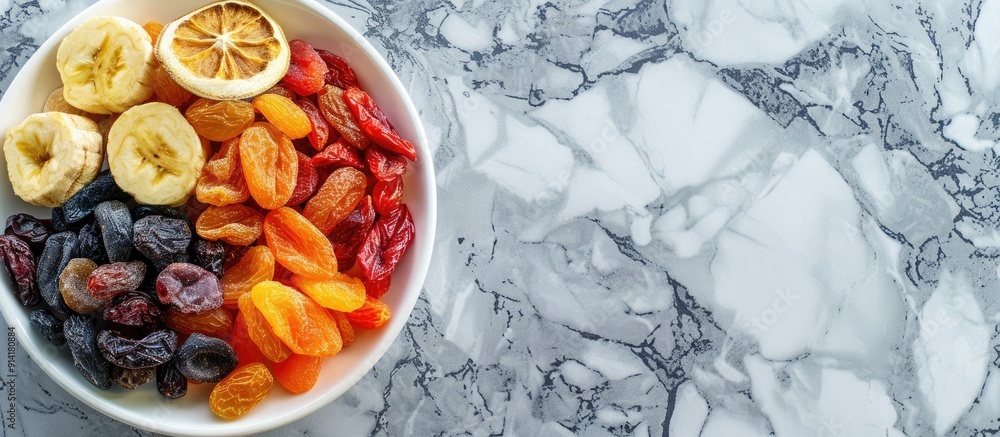 Poster marble background with a variety of dried fruits in a bowl allowing for text promoting a healthy lif