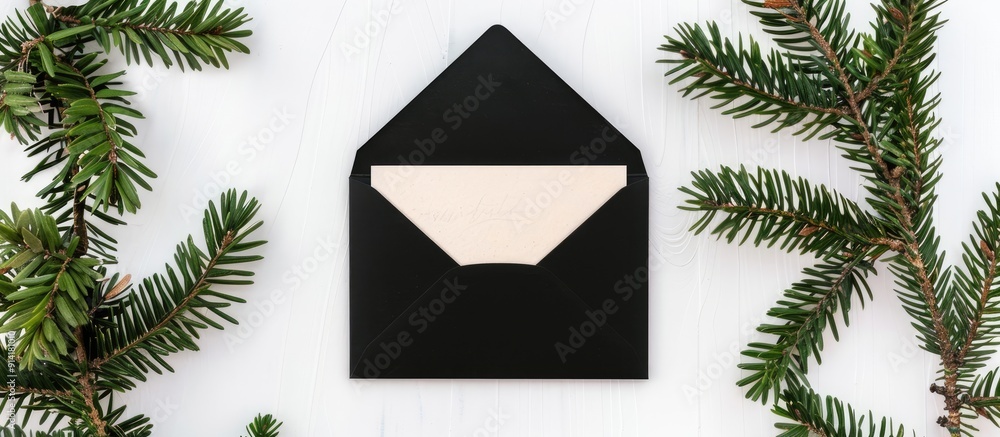 Leinwandbilder invitation card in gold with a black envelope on a white background adorned with green branches in a