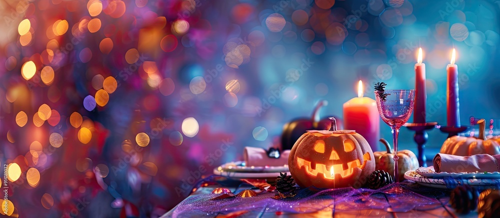 Poster Halloween themed table setting adorned with festive decorations on colorful backdrop with copy space image