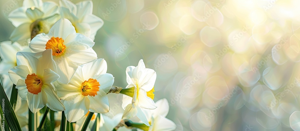 Poster spring flowers featuring white daffodils in a copy space image
