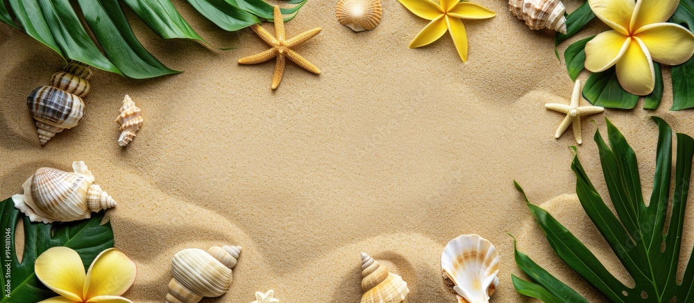 Poster a horizontal background frame in sand featuring tropical leaves seashells a starfish and a yellow fr
