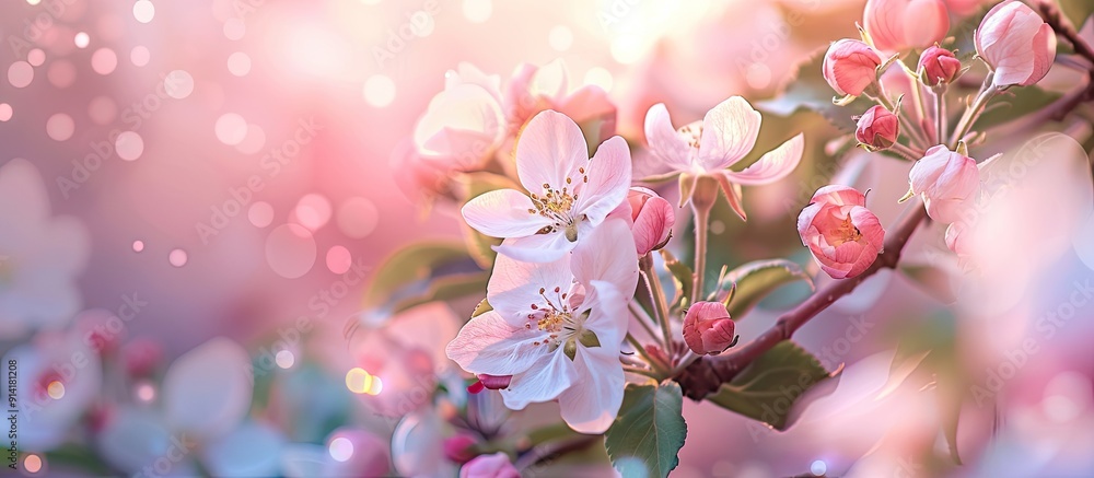 Aufkleber Springtime apple tree branch with flowers captured in a photo with a shallow depth of field creating a pleasing copy space image