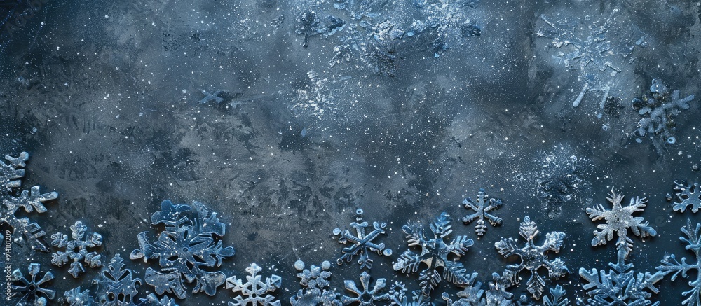 Poster unique christmas backdrop featuring blue snowflakes on a dark gray background with space for additio