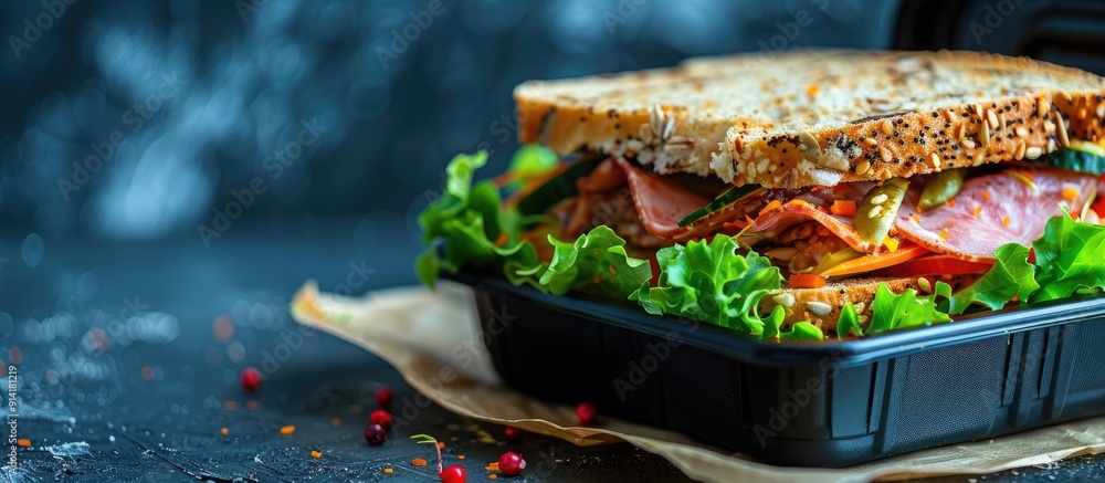 Poster Selective focus on sandwiches in a lunchbox on a table with a copy space image available