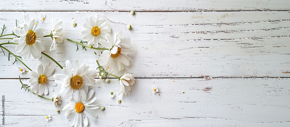 Poster mother s day greeting displayed with miniature daisies or bellium minutum on a white plank backgroun