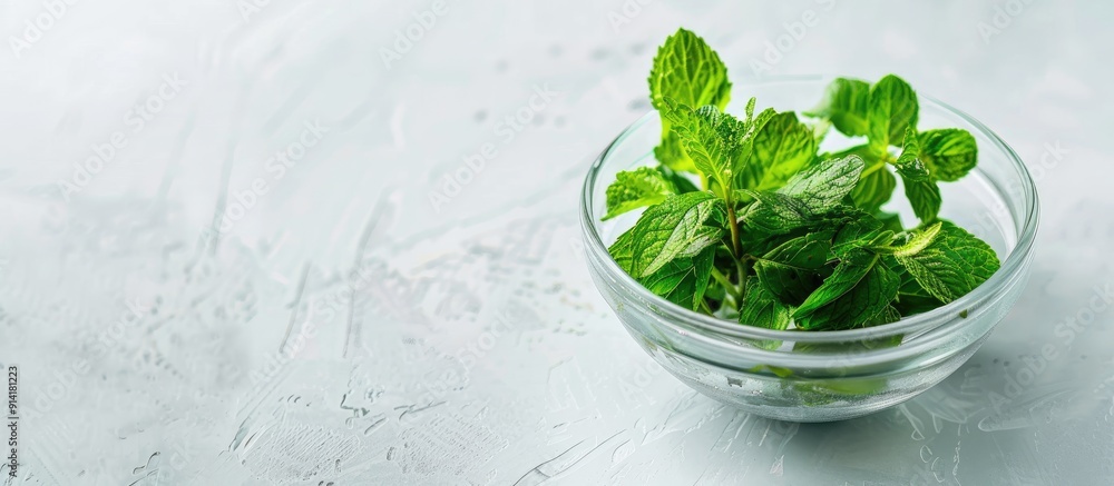 Poster fresh mint herbs in a glass bowl on a white background perfect for adding text or images with its co
